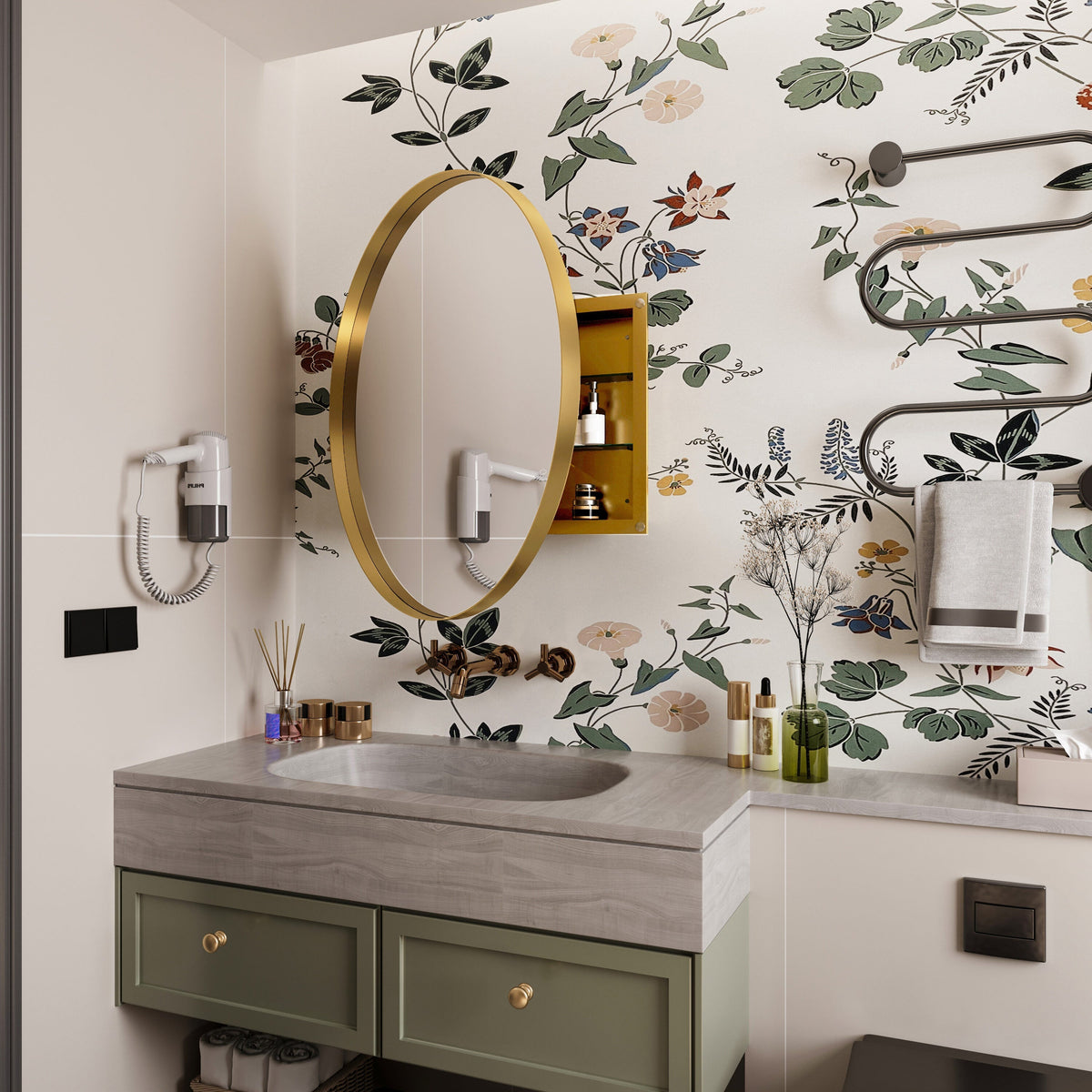 WELLFOR 31.5-in x 31.5-in Recessed Mount Gold Mirrored Round Medicine Cabinet
