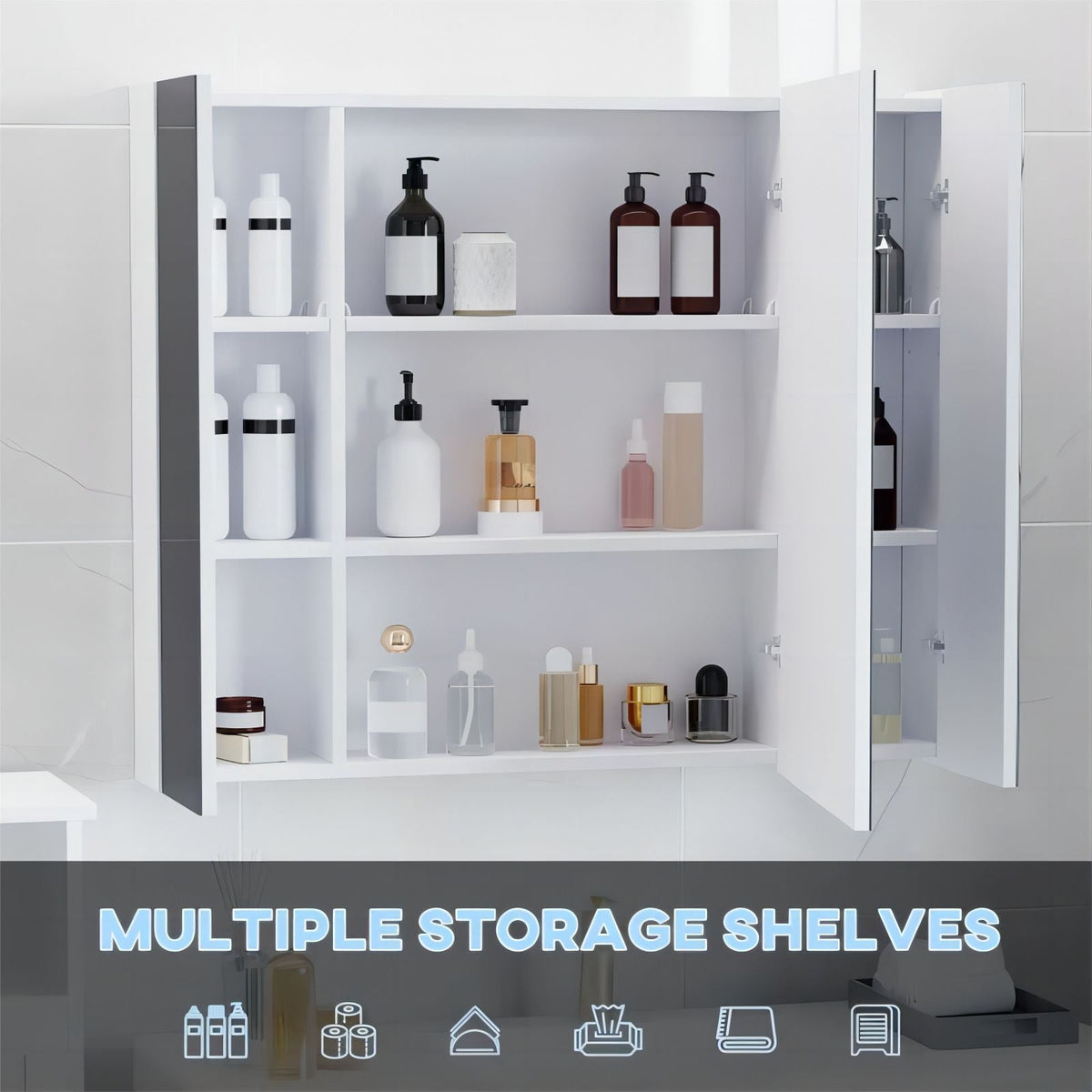 WELLFOR 35.5-in x 29.5-in Lighted LED Surface Mount White Mirrored Soft Close Medicine Cabinet with Outlet