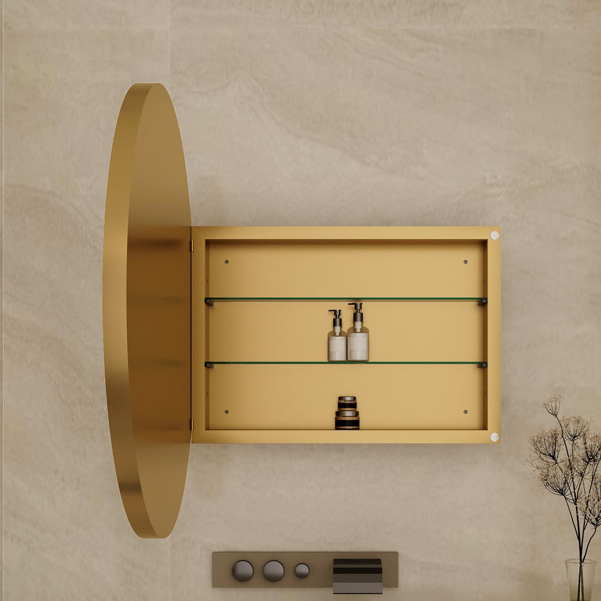 WELLFOR FS 31.5-in x 31.5-in Recessed Mount Gold Mirrored Round Soft Close Medicine Cabinet