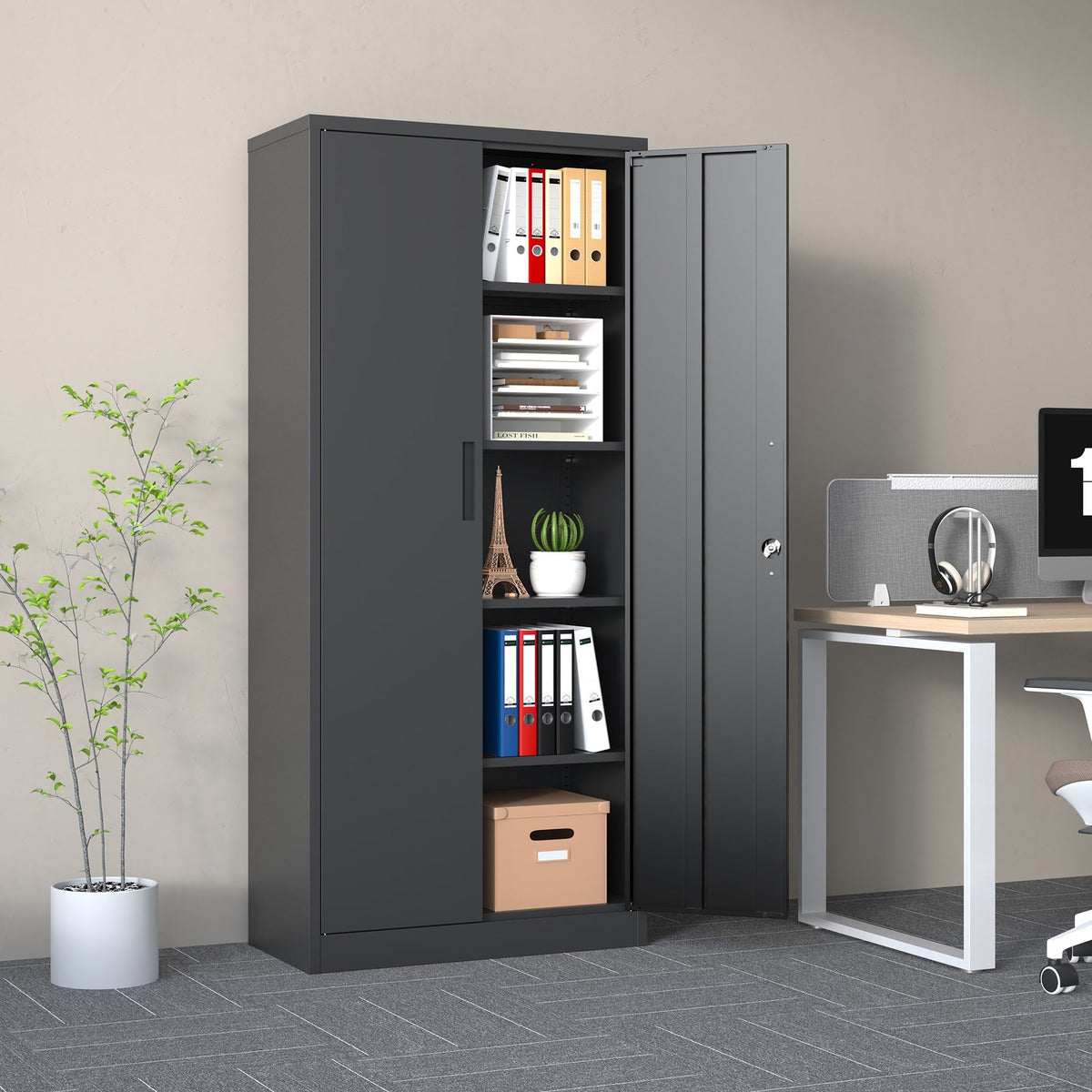 Siavonce Black 5-Shelf Office Cabinet