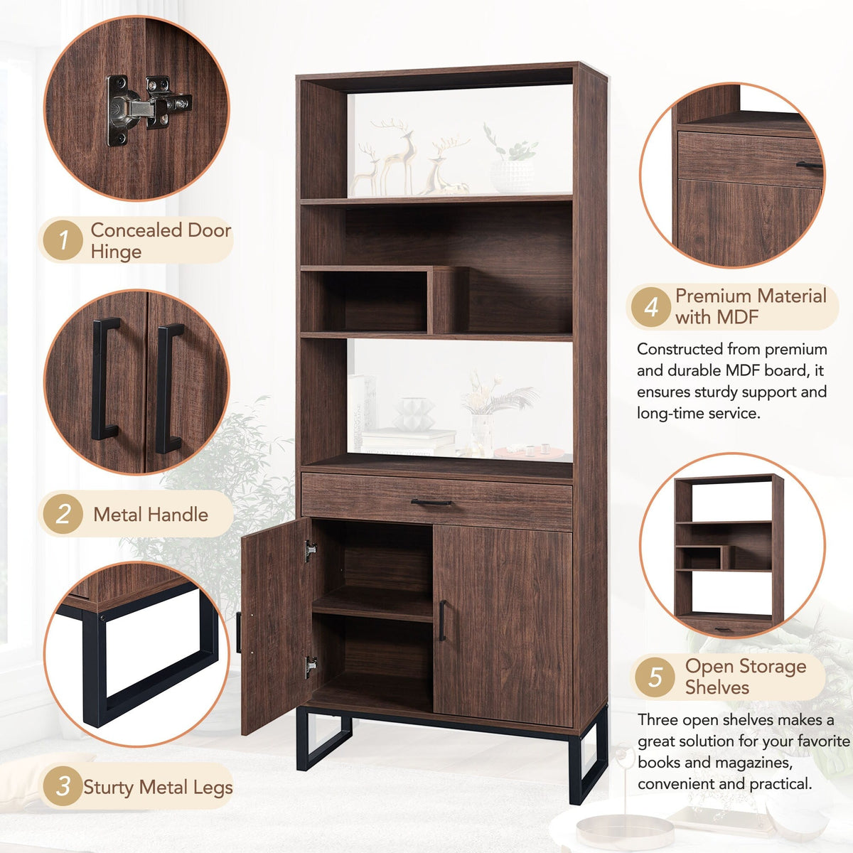 Siavonce Walnut 5-Shelf Office Cabinet