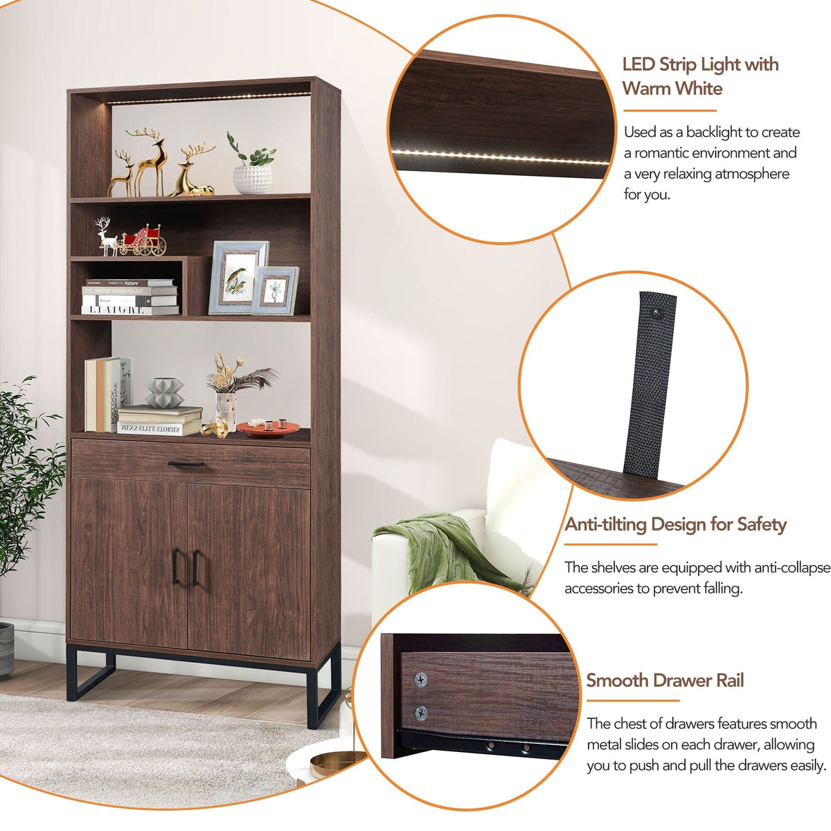 Siavonce Walnut 5-Shelf Office Cabinet