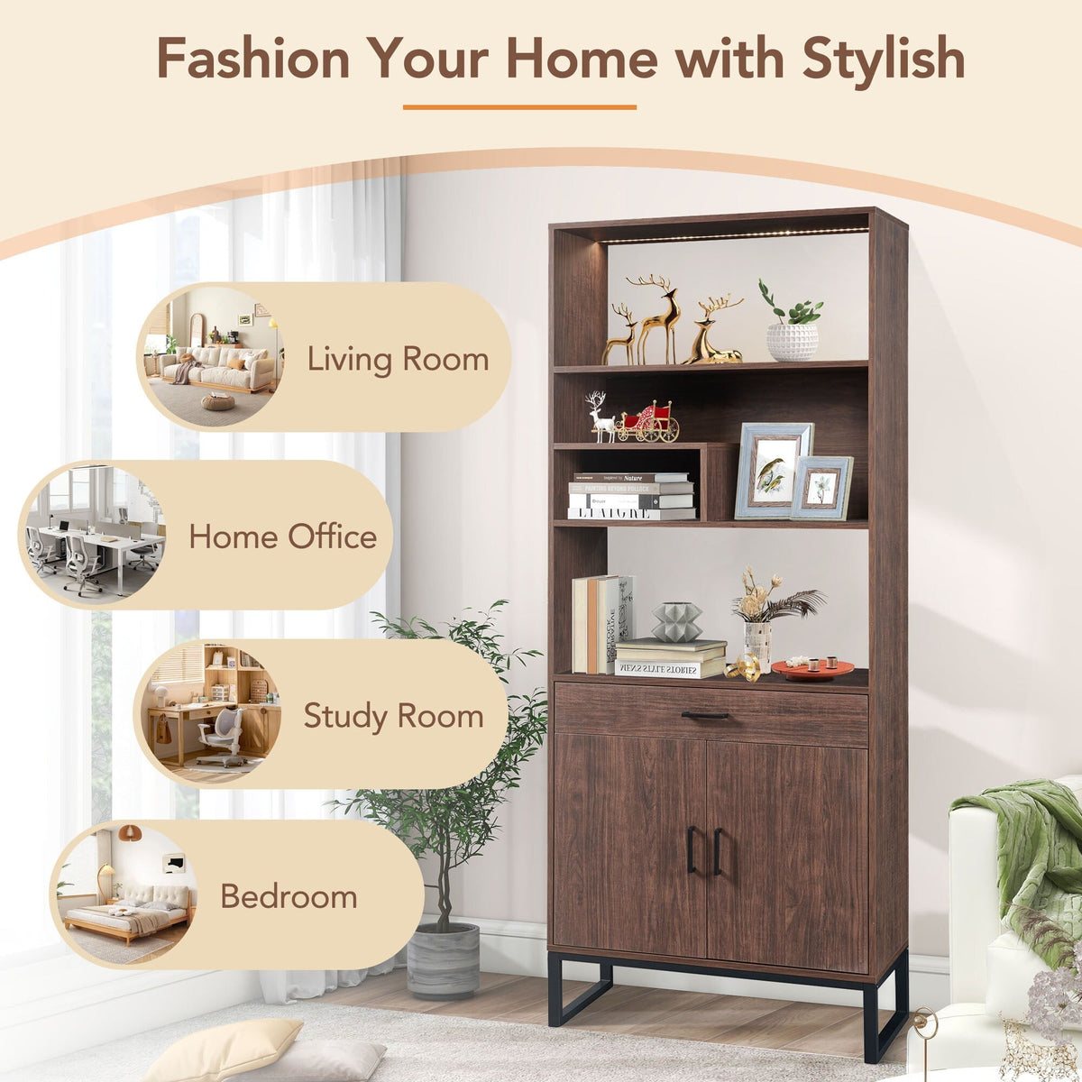 Siavonce Walnut 5-Shelf Office Cabinet