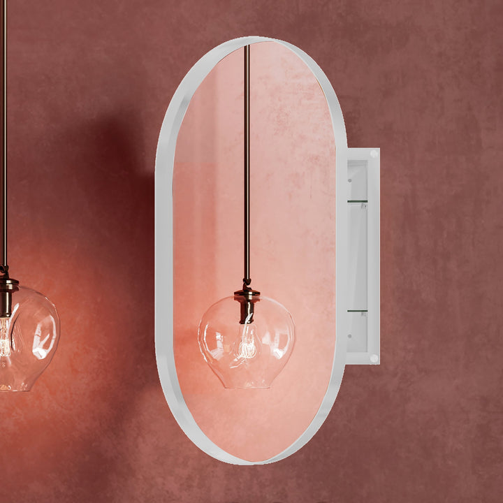 WELLFOR FS 20-in x 34-in Recessed Mount White Mirrored Oval Medicine Cabinet