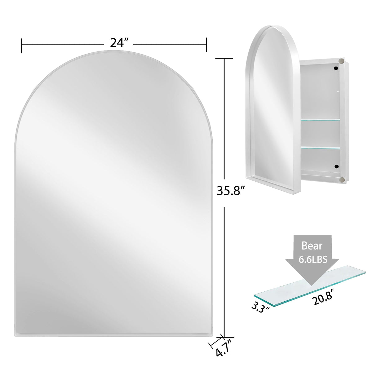 WELLFOR FS 24-in x 36-in Recessed Mount White Mirrored Arched Soft Close Medicine Cabinet
