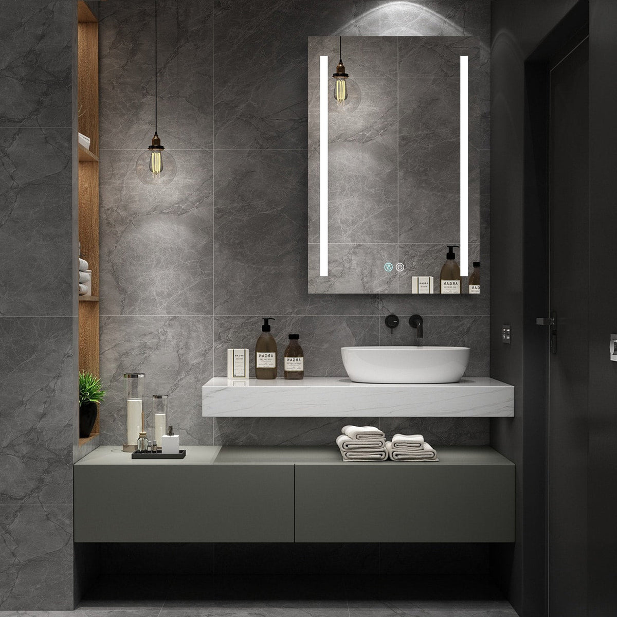 WELLFOR BG 20-in x 30-in Lighted LED Fog Free Surface Mount Black Mirrored Soft Close Medicine Cabinet