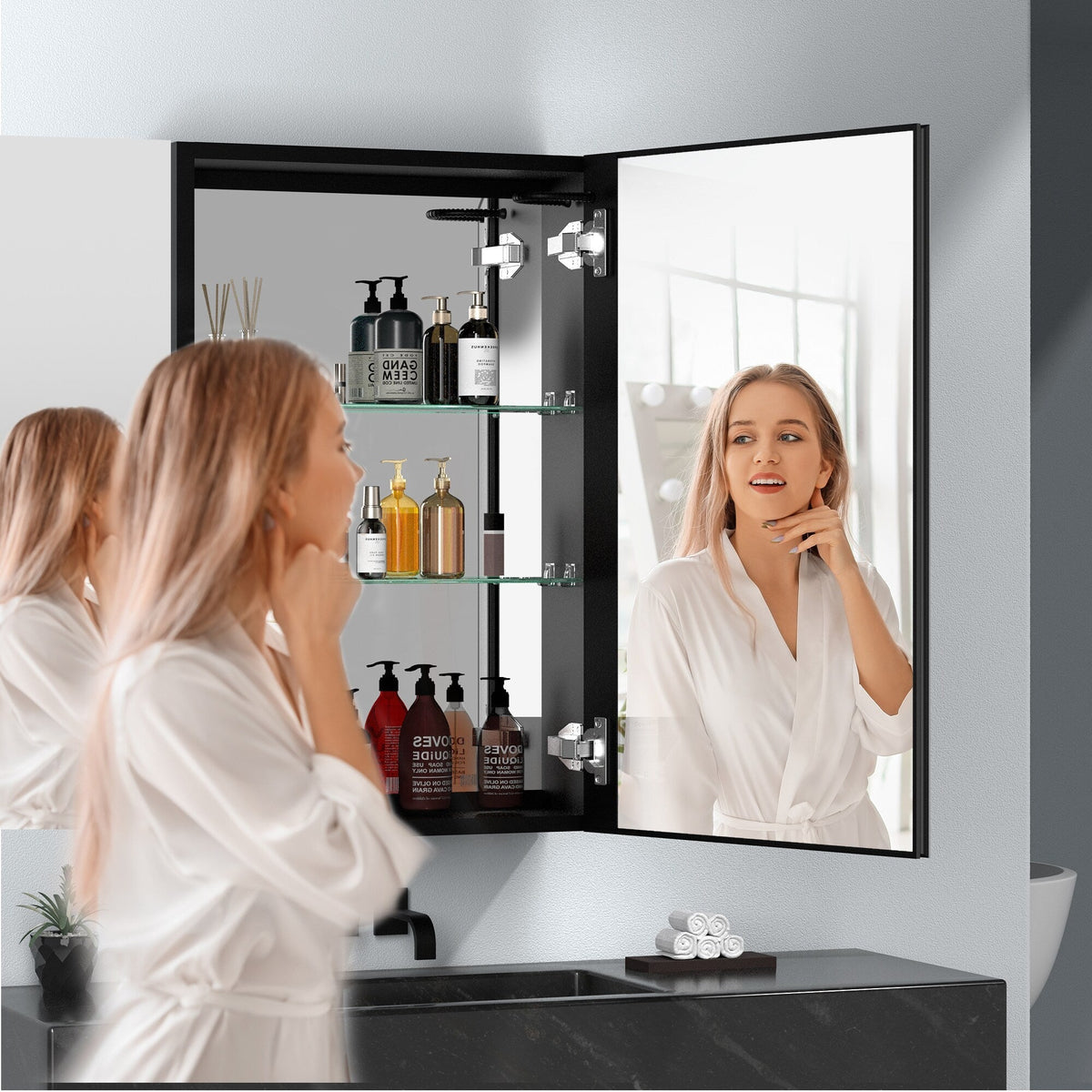 WELLFOR BG 20-in x 30-in Lighted LED Fog Free Surface Mount Black Mirrored Soft Close Medicine Cabinet
