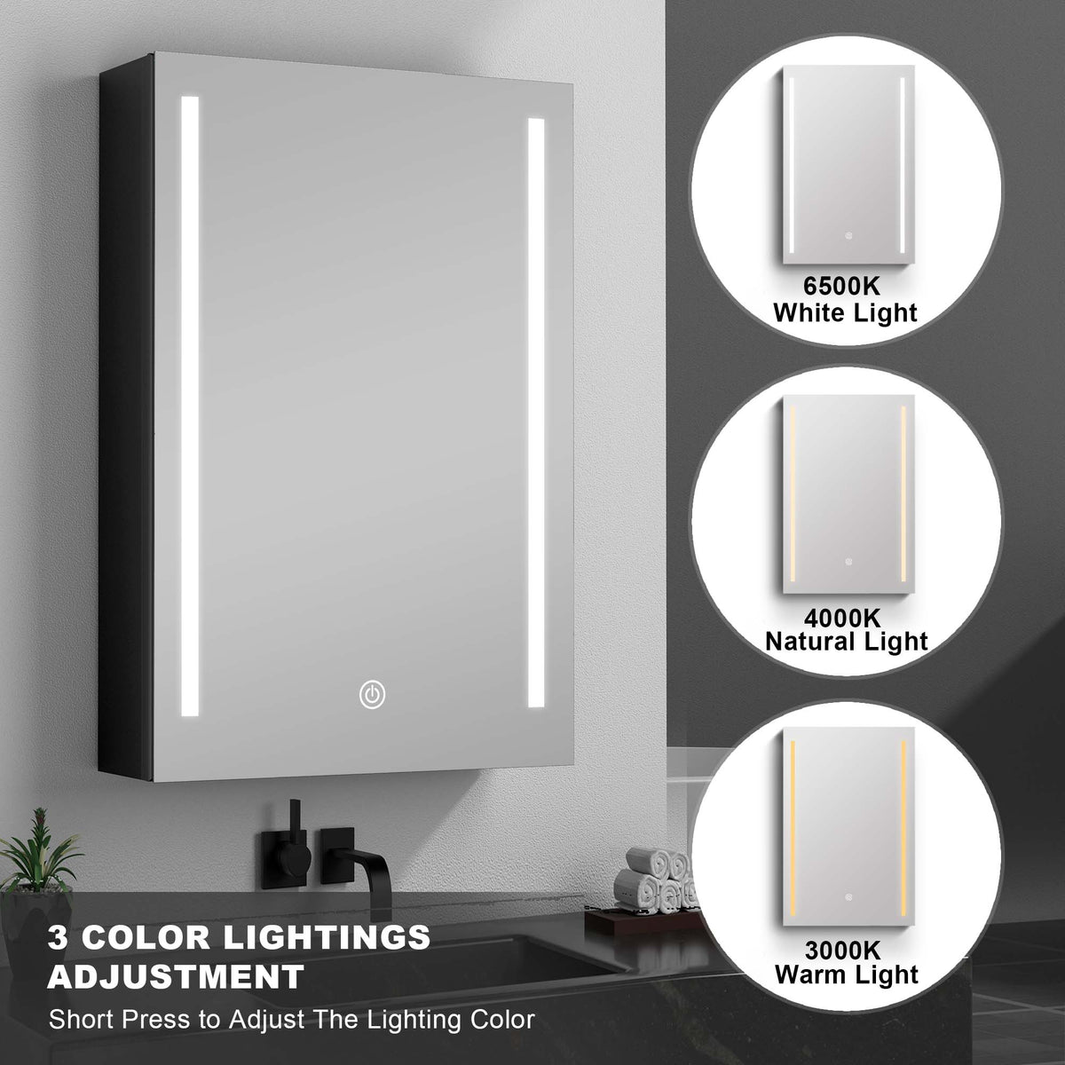 WELLFOR BG 20-in x 30-in Lighted LED Fog Free Surface Mount Black Mirrored Soft Close Medicine Cabinet