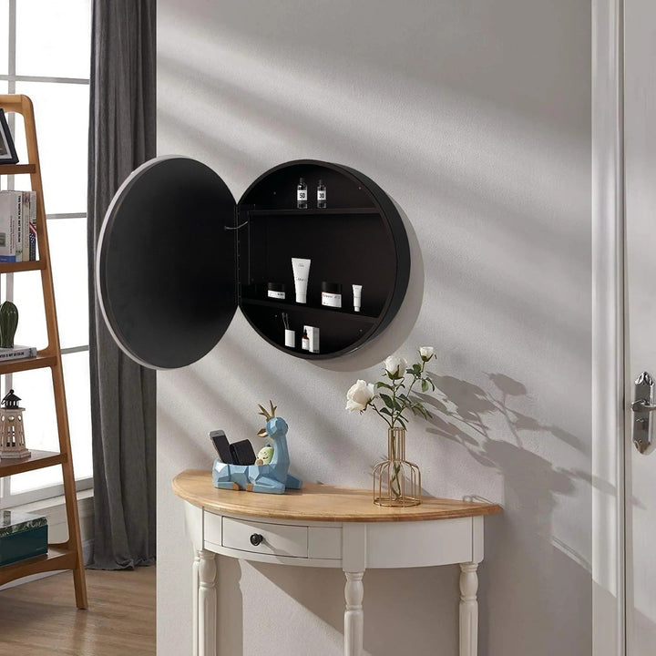 WELLFOR AS 26-in x 26-in Lighted LED Fog Free Surface Mount Black Mirrored Round Medicine Cabinet