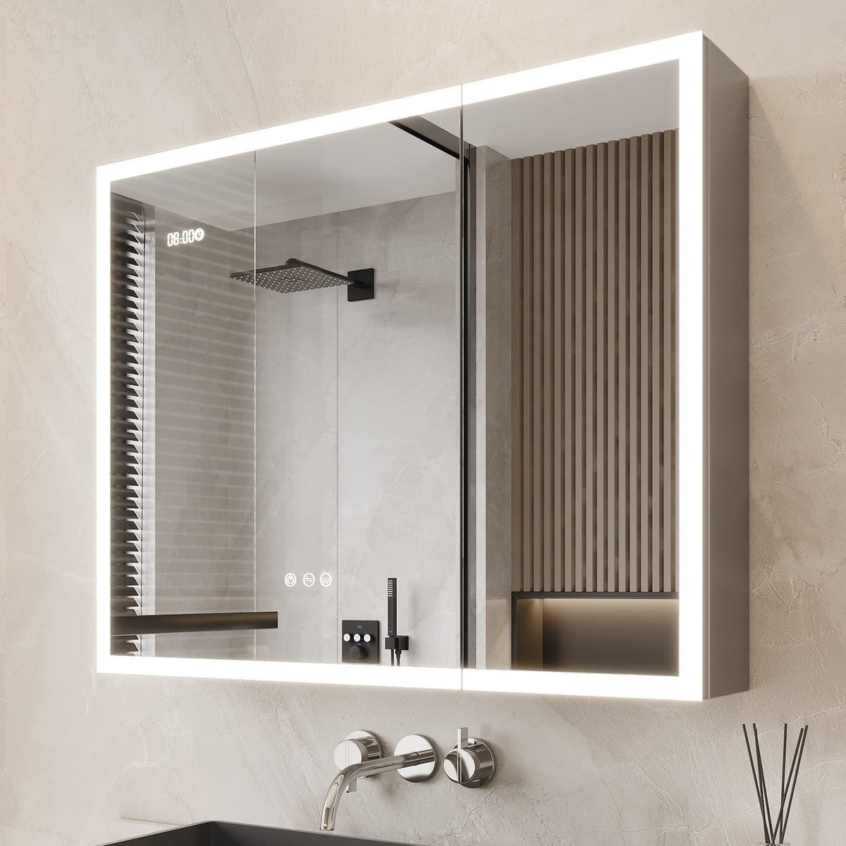 WELLFOR 36-in x 30-in Lighted LED Fog Free Surface Mount Silver Mirrored Soft Close Medicine Cabinet with Outlet