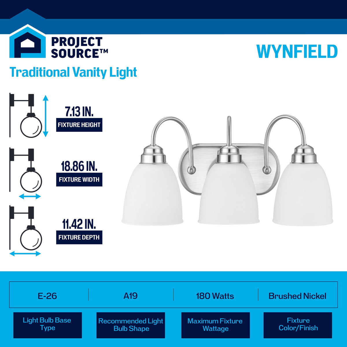 Project Source Wynfield 3-Light Brushed Nickel Traditional Vanity Light, 18.86-in Width