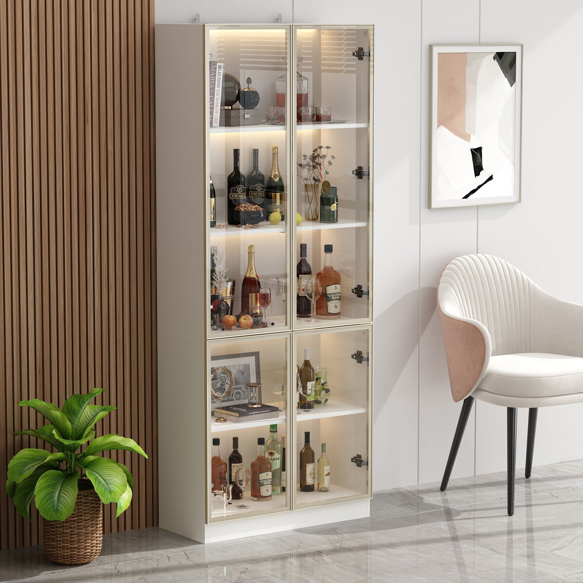 FUFU&GAGA Kitchen Cabinet With Tempered Glass Doors And Light