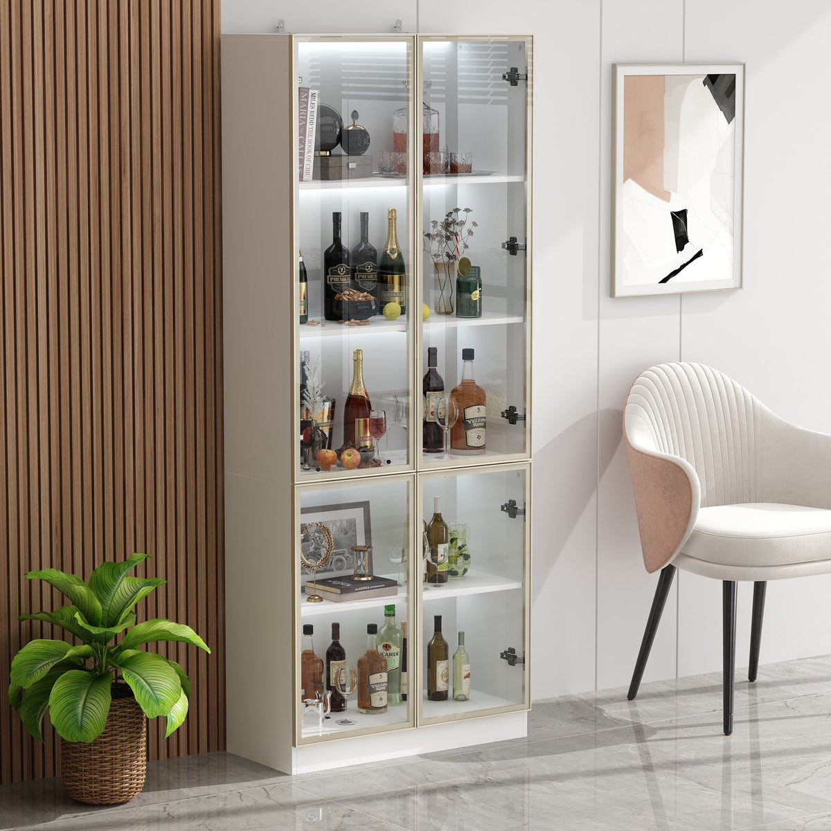 FUFU&GAGA Kitchen Cabinet With Tempered Glass Doors And Light