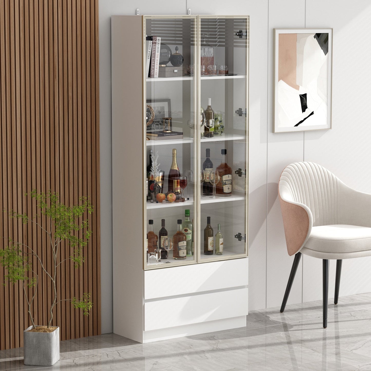 FUFU&GAGA 2 Drawers Glass Display Cabinet with Lights and Pop-up Doors