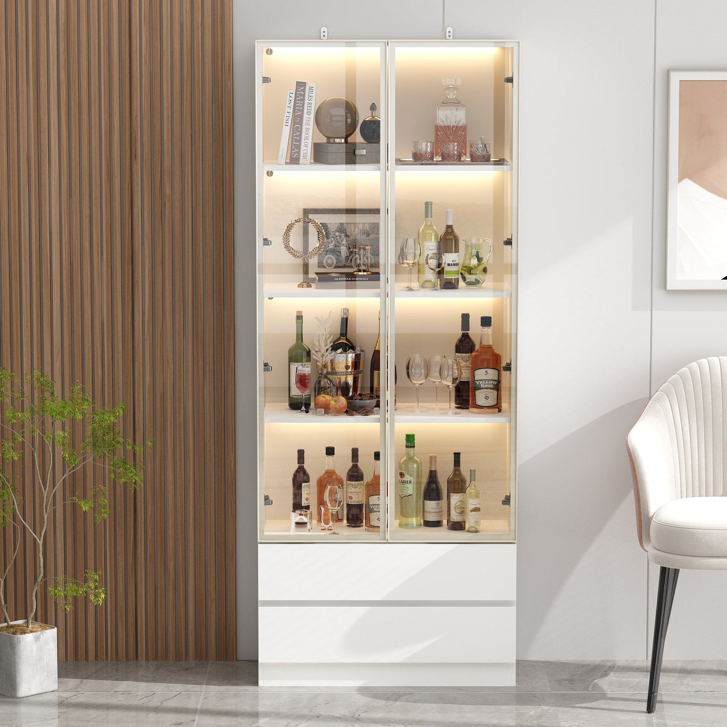 FUFU&GAGA 2 Drawers Glass Display Cabinet with Lights and Pop-up Doors
