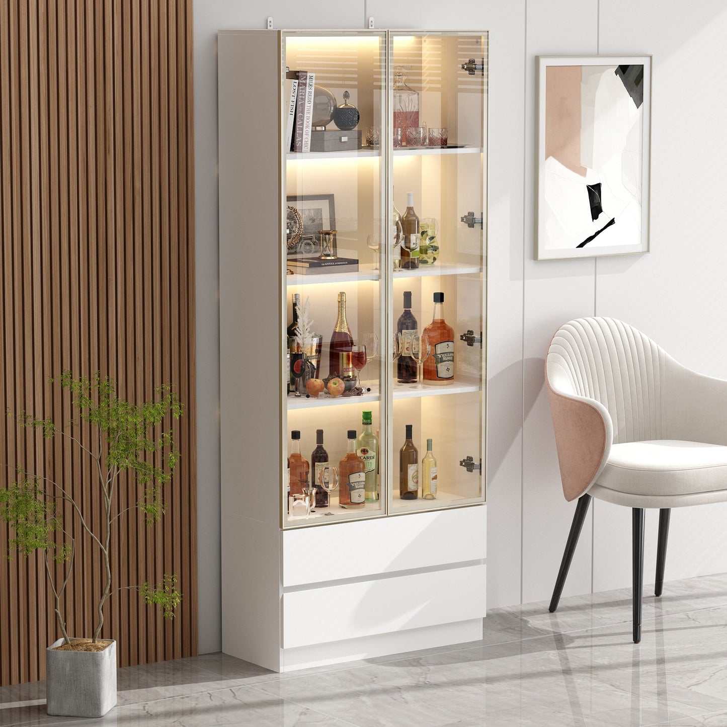 FUFU&GAGA 2 Drawers Glass Display Cabinet with Lights and Pop-up Doors