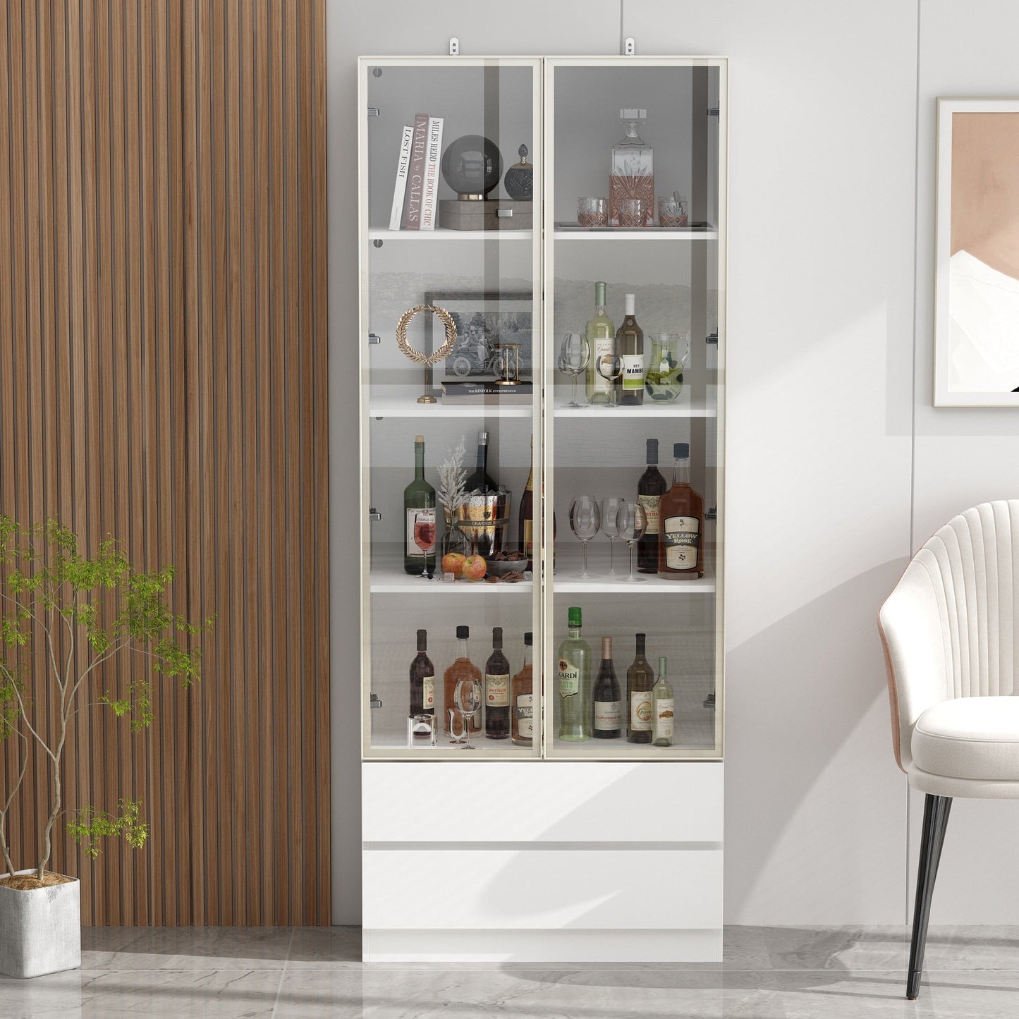 FUFU&GAGA 2 Drawers Glass Display Cabinet with Lights and Pop-up Doors
