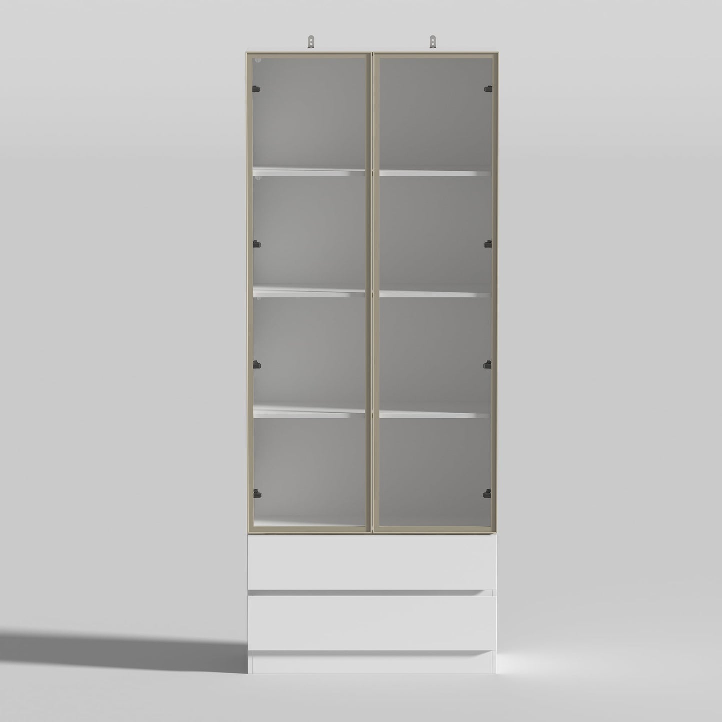 FUFU&GAGA 2 Drawers Glass Display Cabinet with Lights and Pop-up Doors