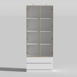 FUFU&GAGA 2 Drawers Glass Display Cabinet with Lights and Pop-up Doors