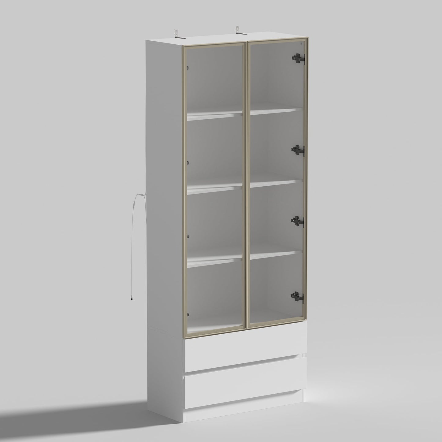 FUFU&GAGA 2 Drawers Glass Display Cabinet with Lights and Pop-up Doors