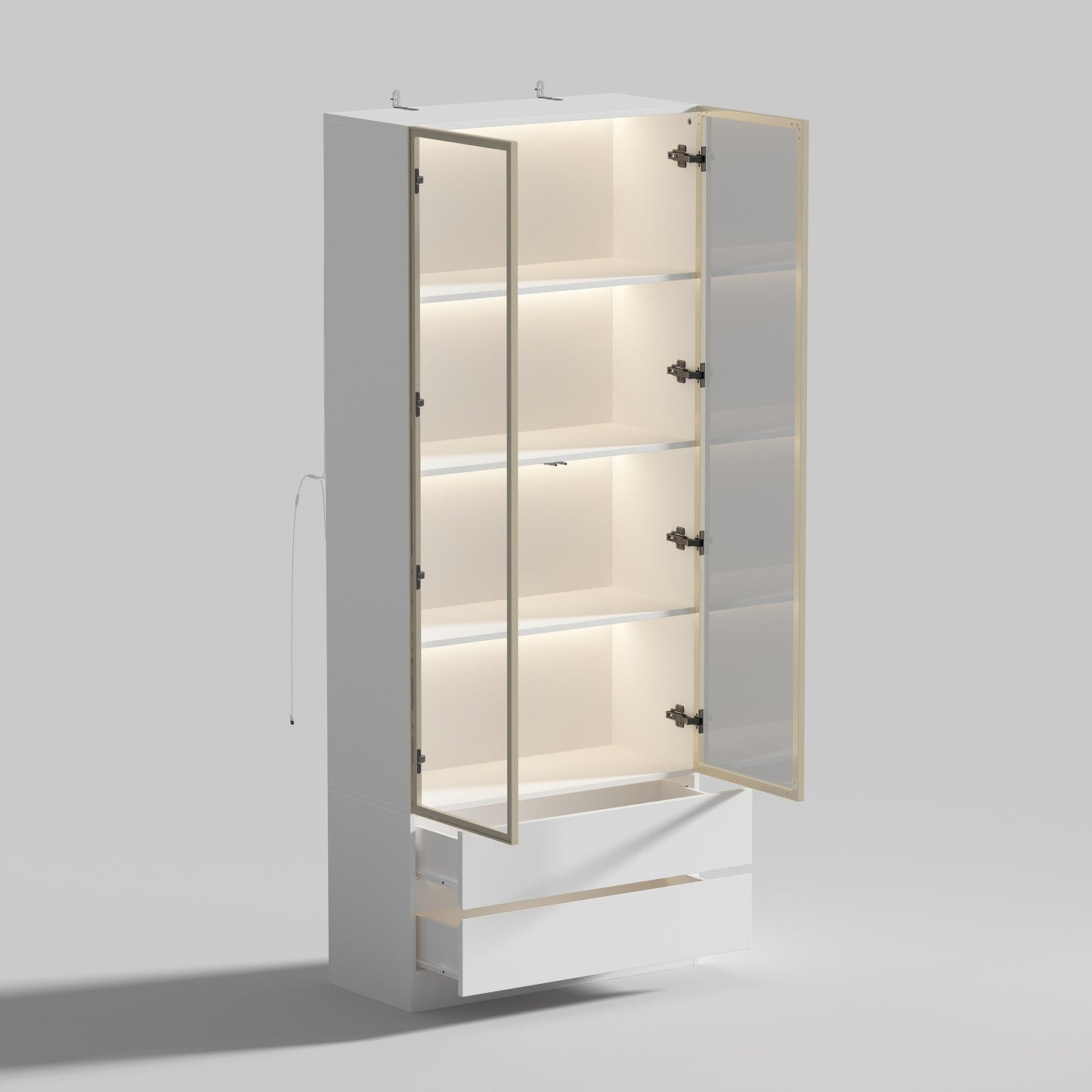 FUFU&GAGA 2 Drawers Glass Display Cabinet with Lights and Pop-up Doors