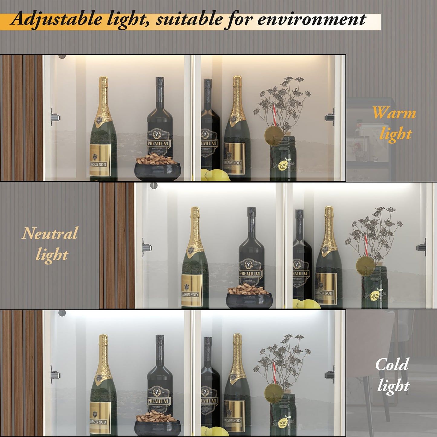 FUFU&GAGA 2 Drawers Glass Display Cabinet with Lights and Pop-up Doors