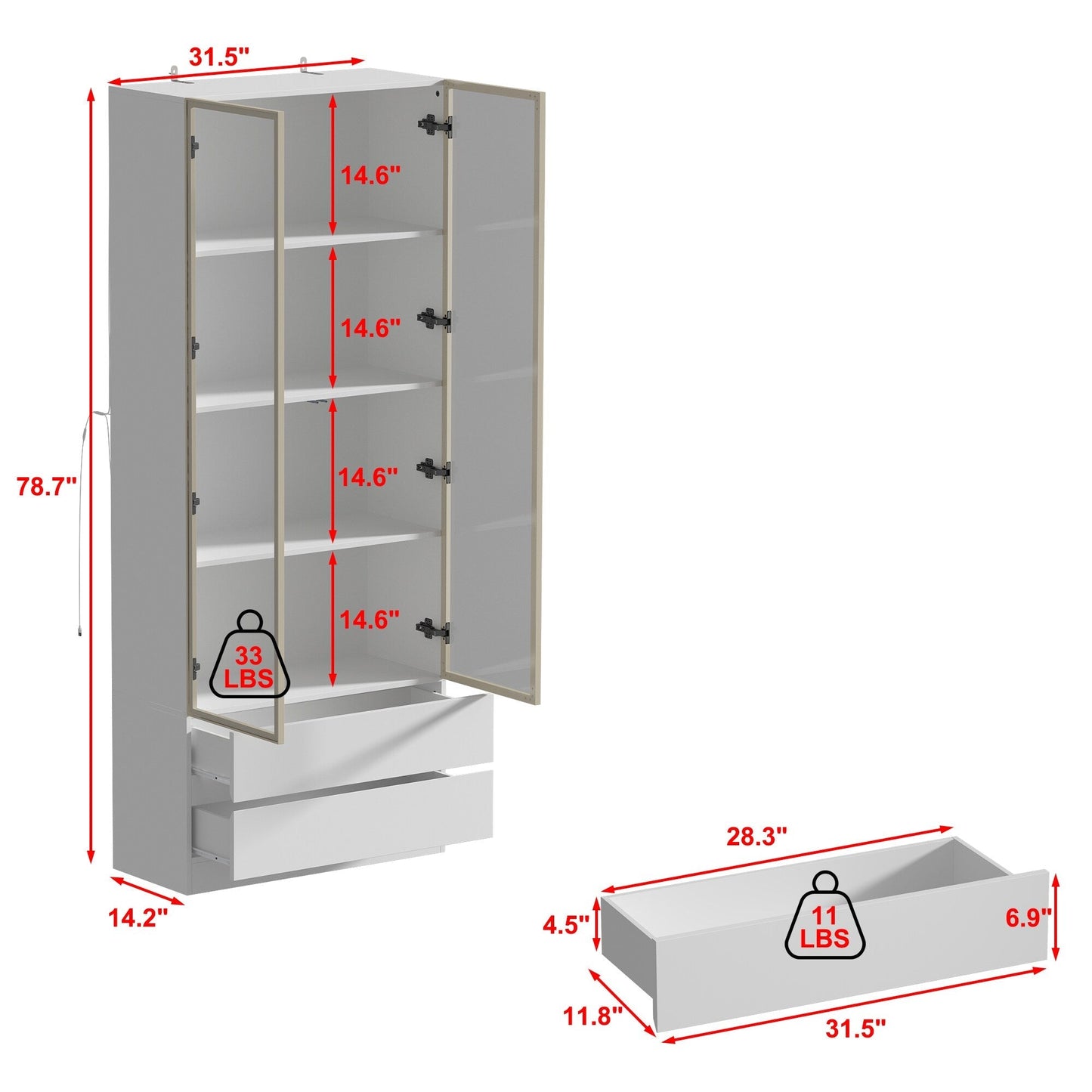 FUFU&GAGA 2 Drawers Glass Display Cabinet with Lights and Pop-up Doors