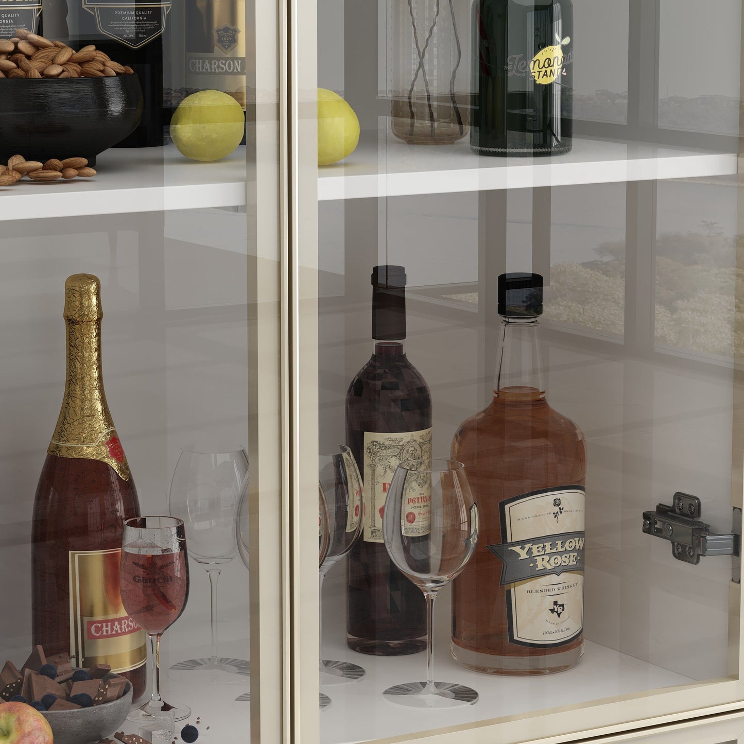 FUFU&GAGA 2 Drawers Glass Display Cabinet with Lights and Pop-up Doors