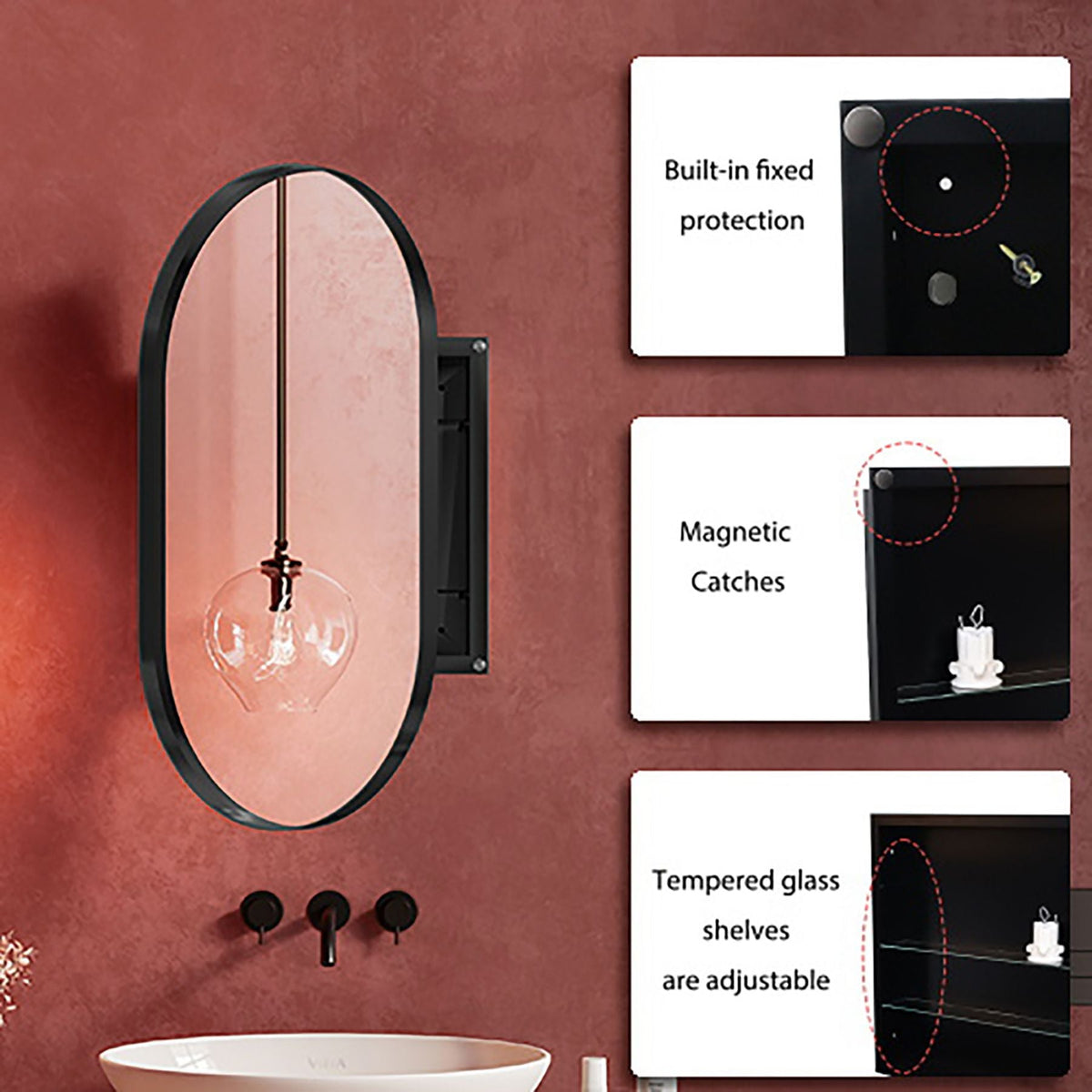 WELLFOR 20.5-in x 33.5-in Surface/Recessed Mount Black Mirrored Oval Soft Close Medicine Cabinet