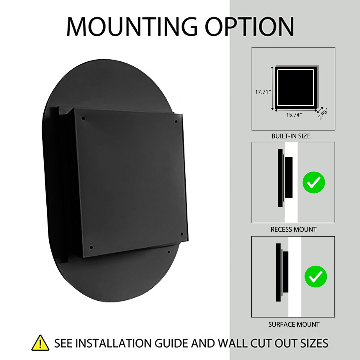WELLFOR 20.5-in x 33.5-in Surface/Recessed Mount Black Mirrored Oval Soft Close Medicine Cabinet