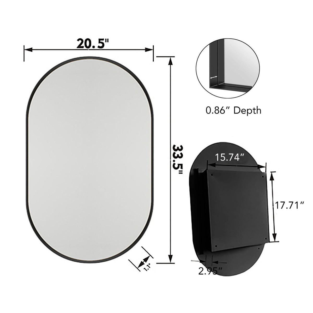 WELLFOR 20.5-in x 33.5-in Surface/Recessed Mount Black Mirrored Oval Soft Close Medicine Cabinet