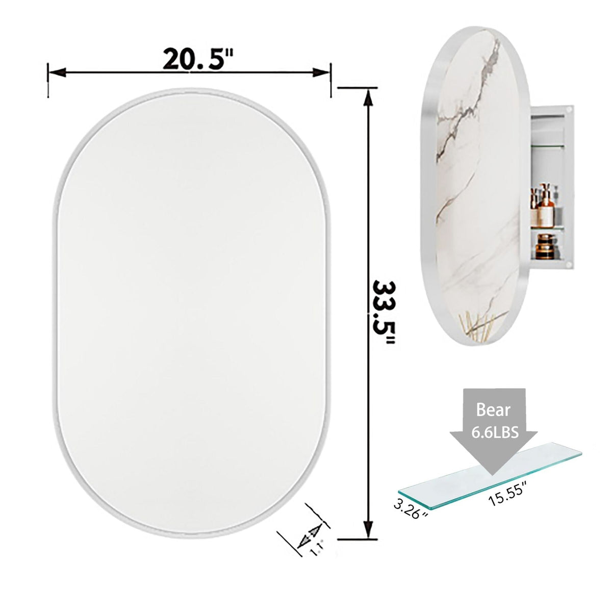 WELLFOR 20.5-in x 33.5-in Surface/Recessed Mount White Mirrored Oval Soft Close Medicine Cabinet