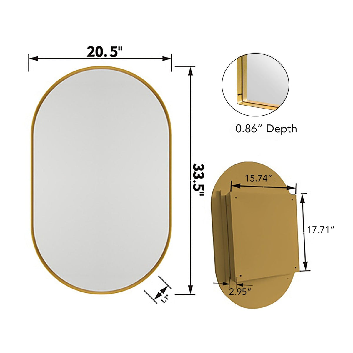 WELLFOR 20.5-in x 33.5-in Surface/Recessed Mount Gold Mirrored Oval Soft Close Medicine Cabinet