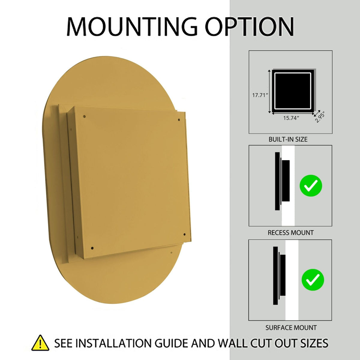 WELLFOR 20.5-in x 33.5-in Surface/Recessed Mount Gold Mirrored Oval Soft Close Medicine Cabinet