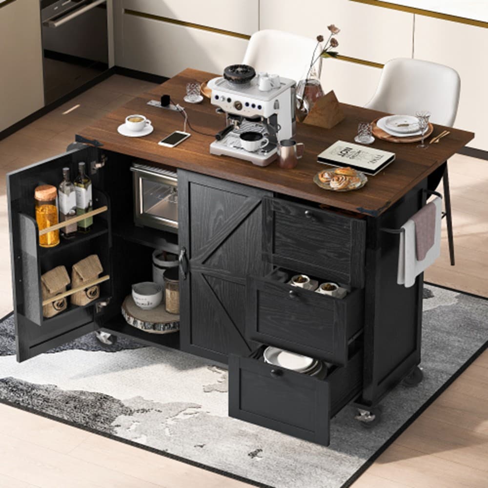 Runesay Black Mdf Base with Mdf Wood Top Rolling Kitchen Island (28.75-in x 54.5-in x 36.5-in)