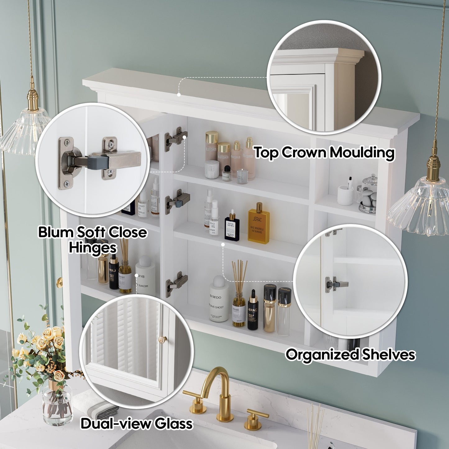 Forclover 40-in x 30-in Surface Mount White Mirrored Soft Close Medicine Cabinet