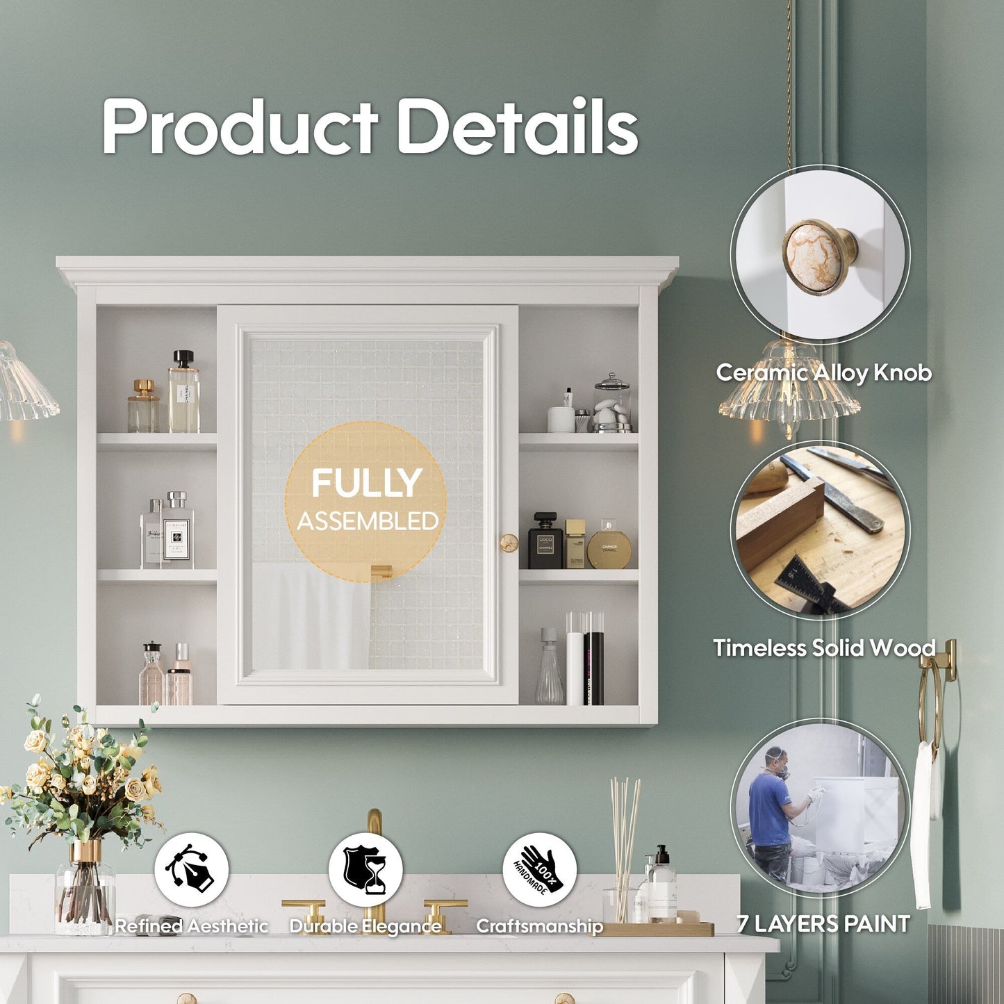 Forclover 40-in x 30-in Surface Mount White Mirrored Soft Close Medicine Cabinet