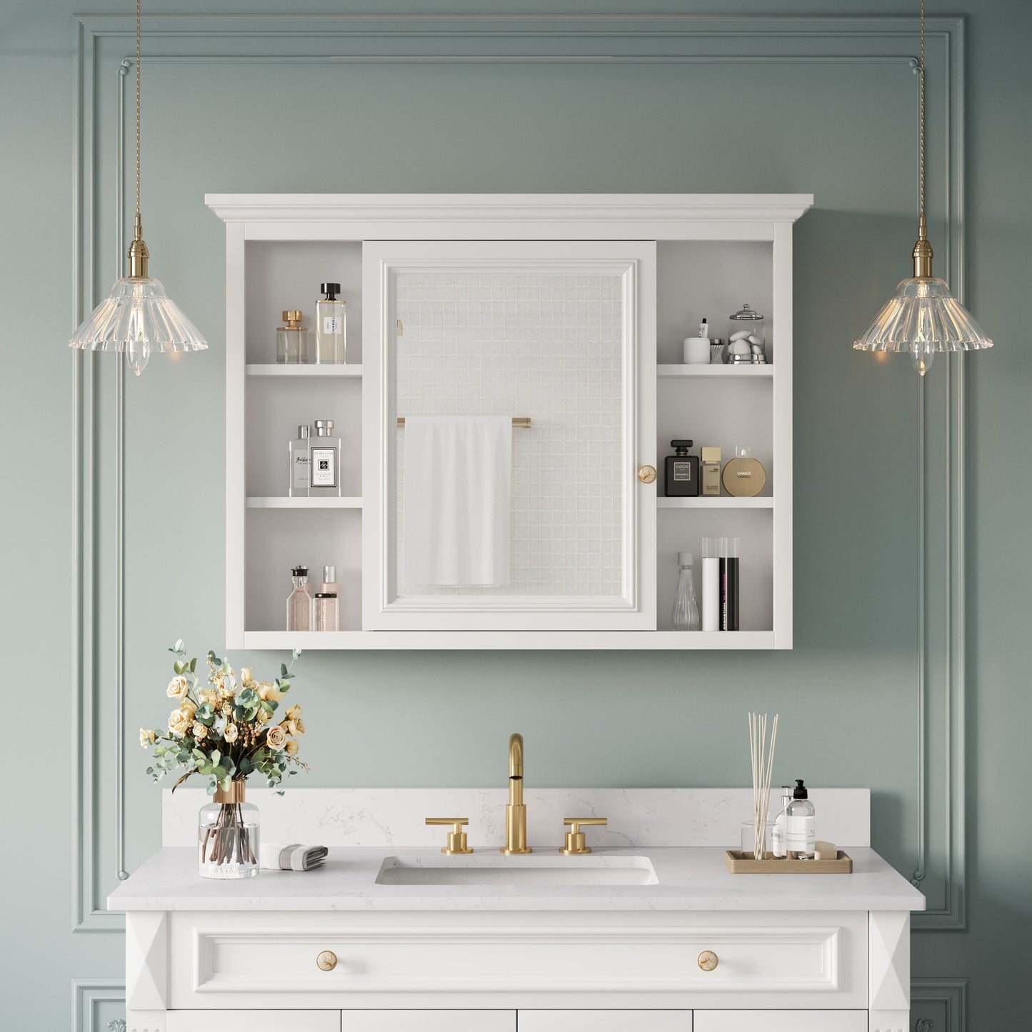 Forclover 40-in x 30-in Surface Mount White Mirrored Soft Close Medicine Cabinet
