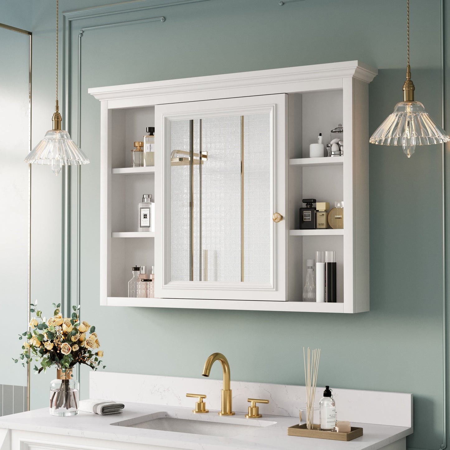 Forclover 40-in x 30-in Surface Mount White Mirrored Soft Close Medicine Cabinet