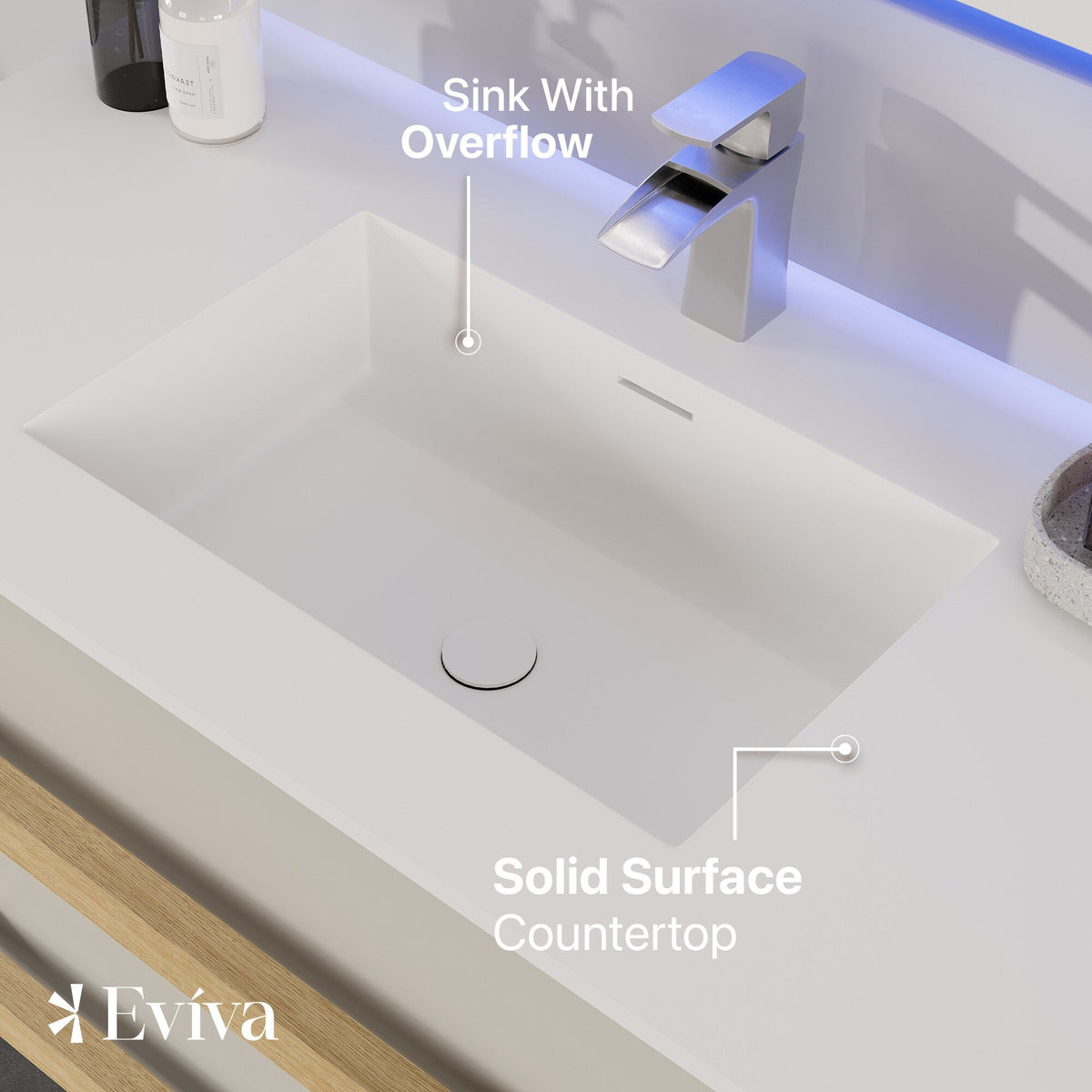 Eviva Element 44"W x 20"D White Wall Mount Bathroom Vanity with White Solid Surface Countertop and Integrated Sink