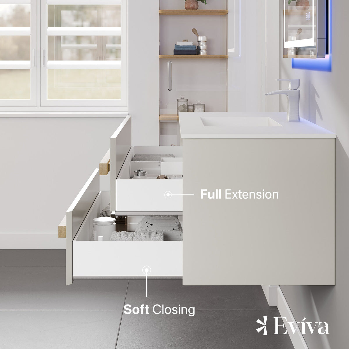 Eviva Element 44"W x 20"D White Wall Mount Bathroom Vanity with White Solid Surface Countertop and Integrated Sink