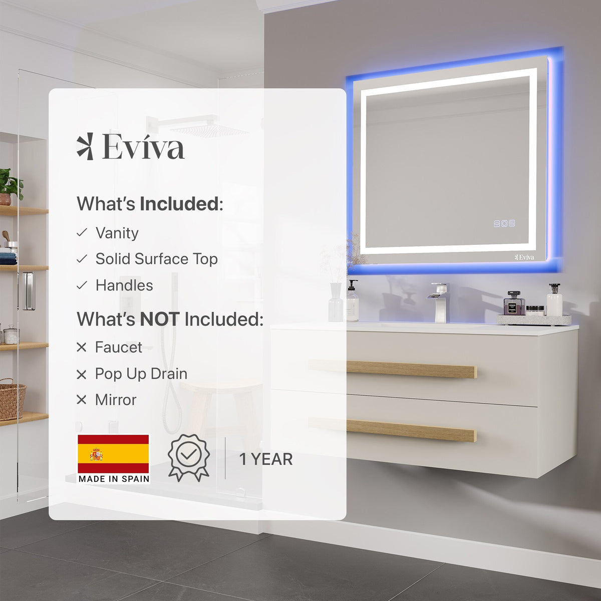 Eviva Element 44"W x 20"D White Wall Mount Bathroom Vanity with White Solid Surface Countertop and Integrated Sink
