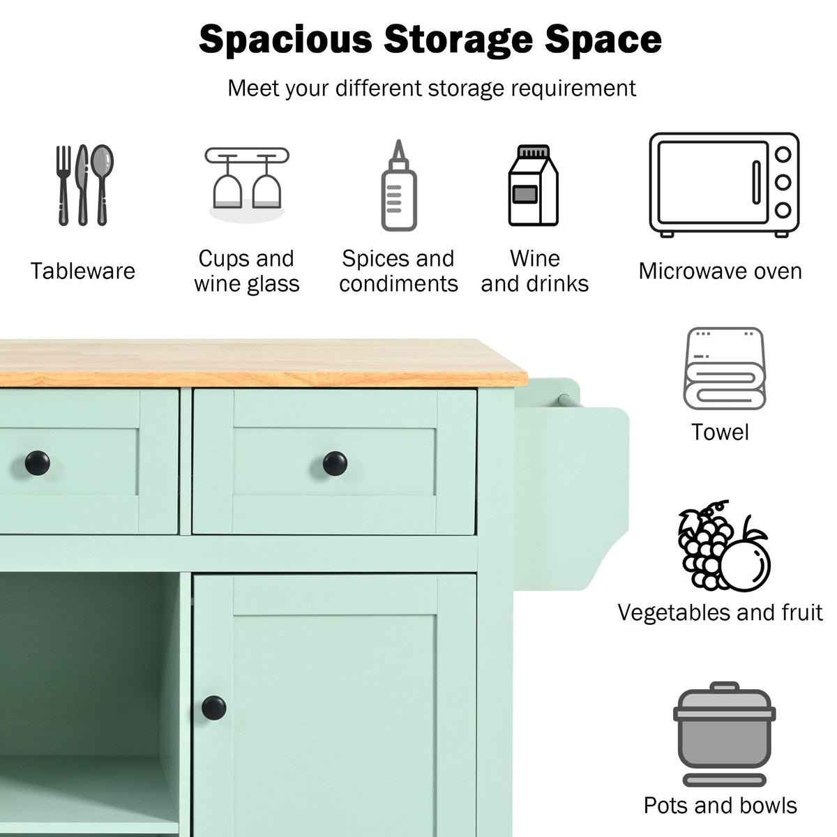 Runesay Green Mdf Base with Mdf Wood Top Rolling Kitchen Island (29.5-in x 53.1-in x 37.2-in)