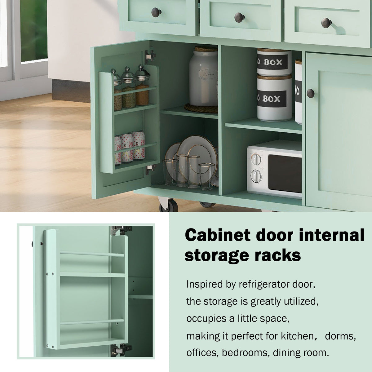 Runesay Green Mdf Base with Mdf Wood Top Rolling Kitchen Island (29.5-in x 53.1-in x 37.2-in)