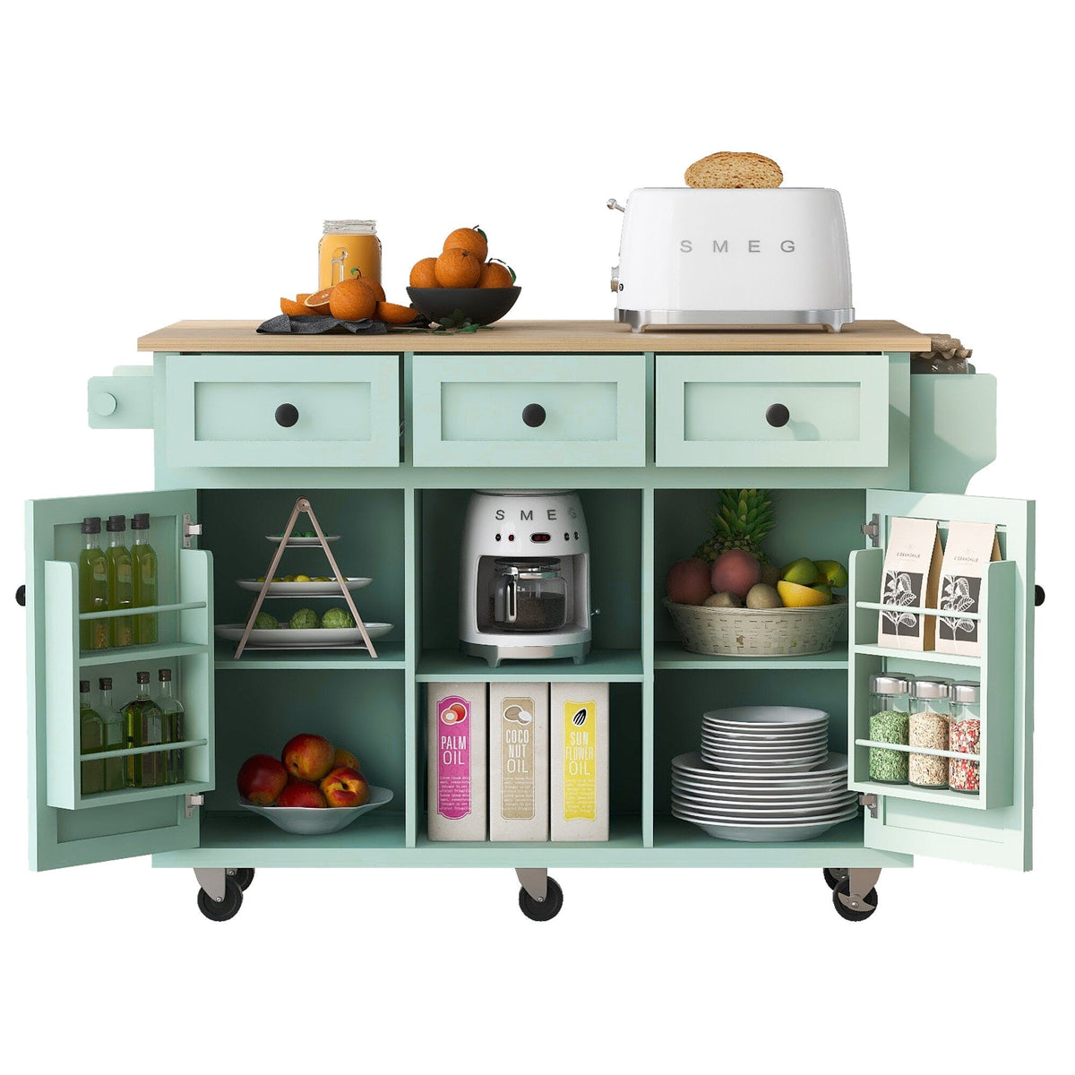 Runesay Green Mdf Base with Mdf Wood Top Rolling Kitchen Island (29.5-in x 53.1-in x 37.2-in)