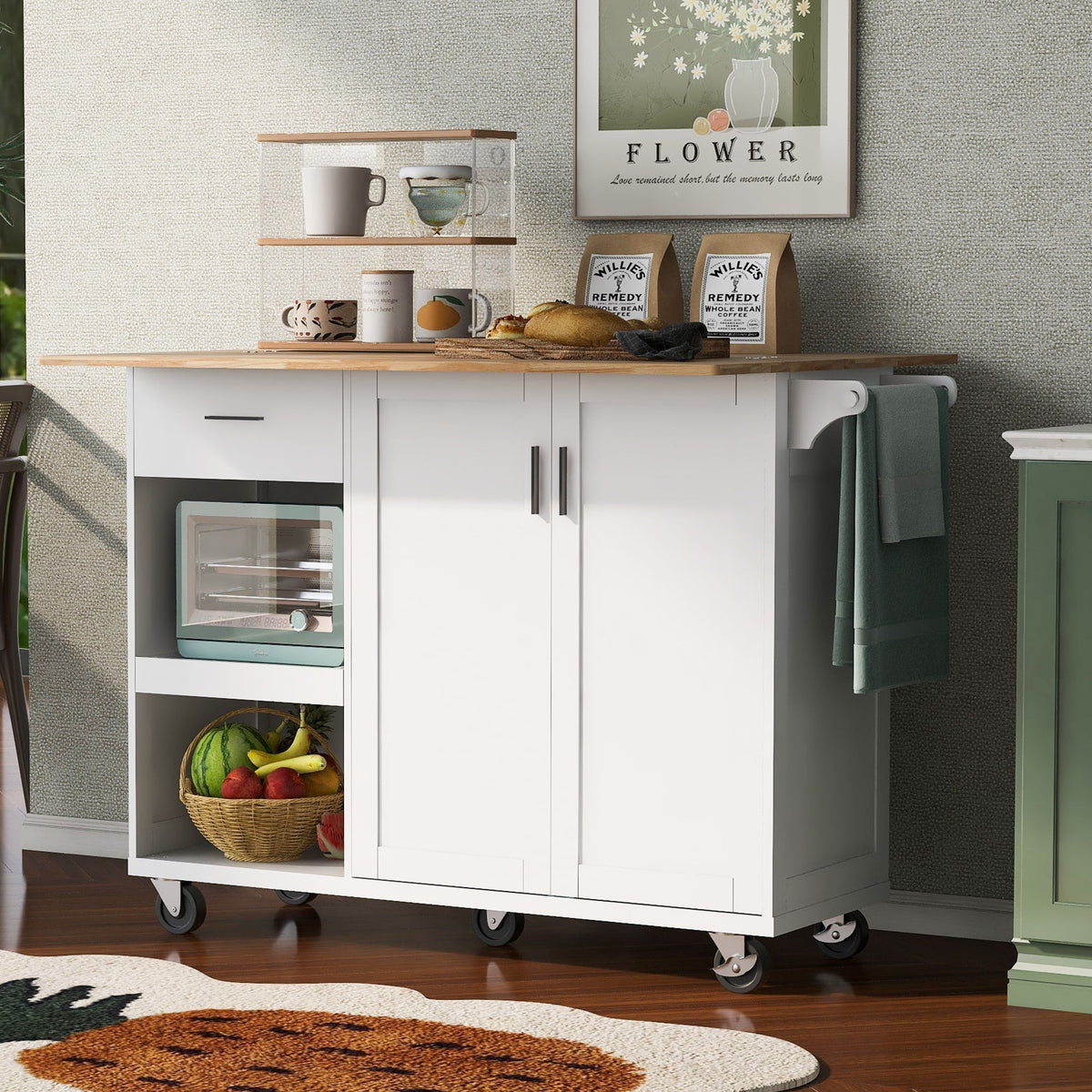 Runesay White Mdf Base with Mdf Wood Top Rolling Kitchen Island (33.2-in x 49.02-in x 37.54-in)