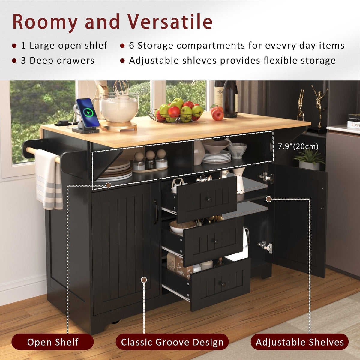 Runesay Black Mdf Base with Mdf Wood Top Kitchen Island (34-in x 55.75-in x 36.5-in)
