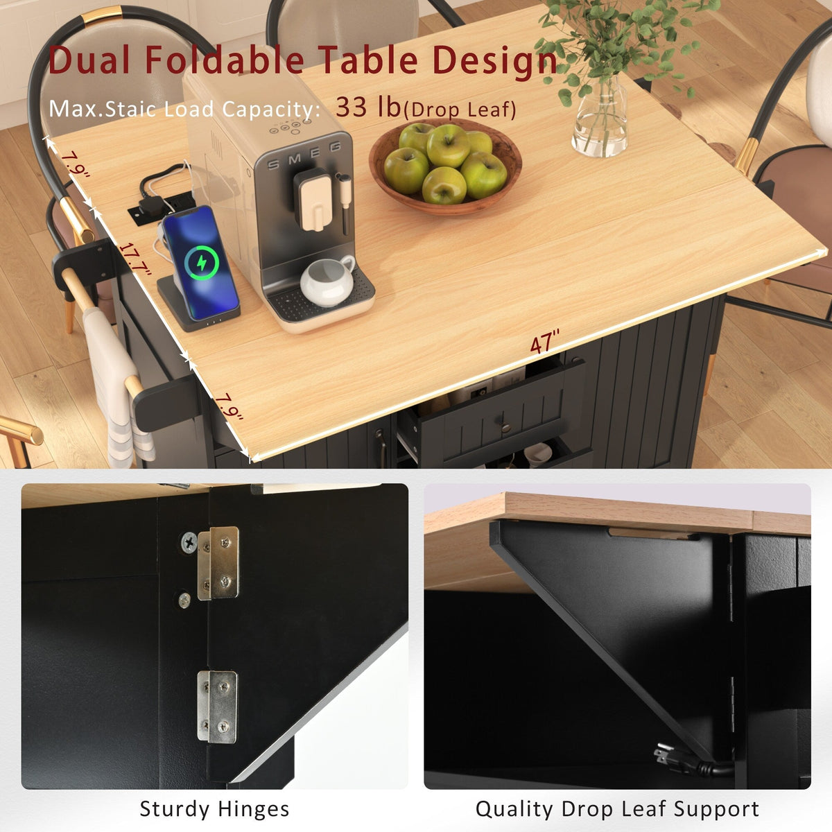 Runesay Black Mdf Base with Mdf Wood Top Kitchen Island (34-in x 55.75-in x 36.5-in)