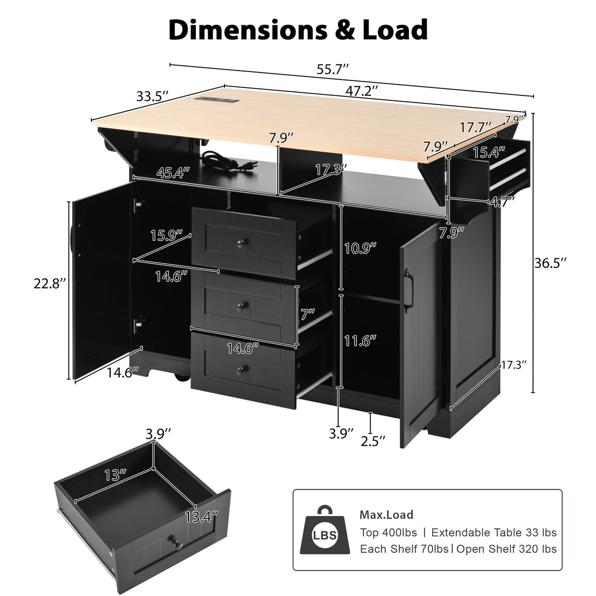 Runesay Black Mdf Base with Mdf Wood Top Kitchen Island (34-in x 55.75-in x 36.5-in)