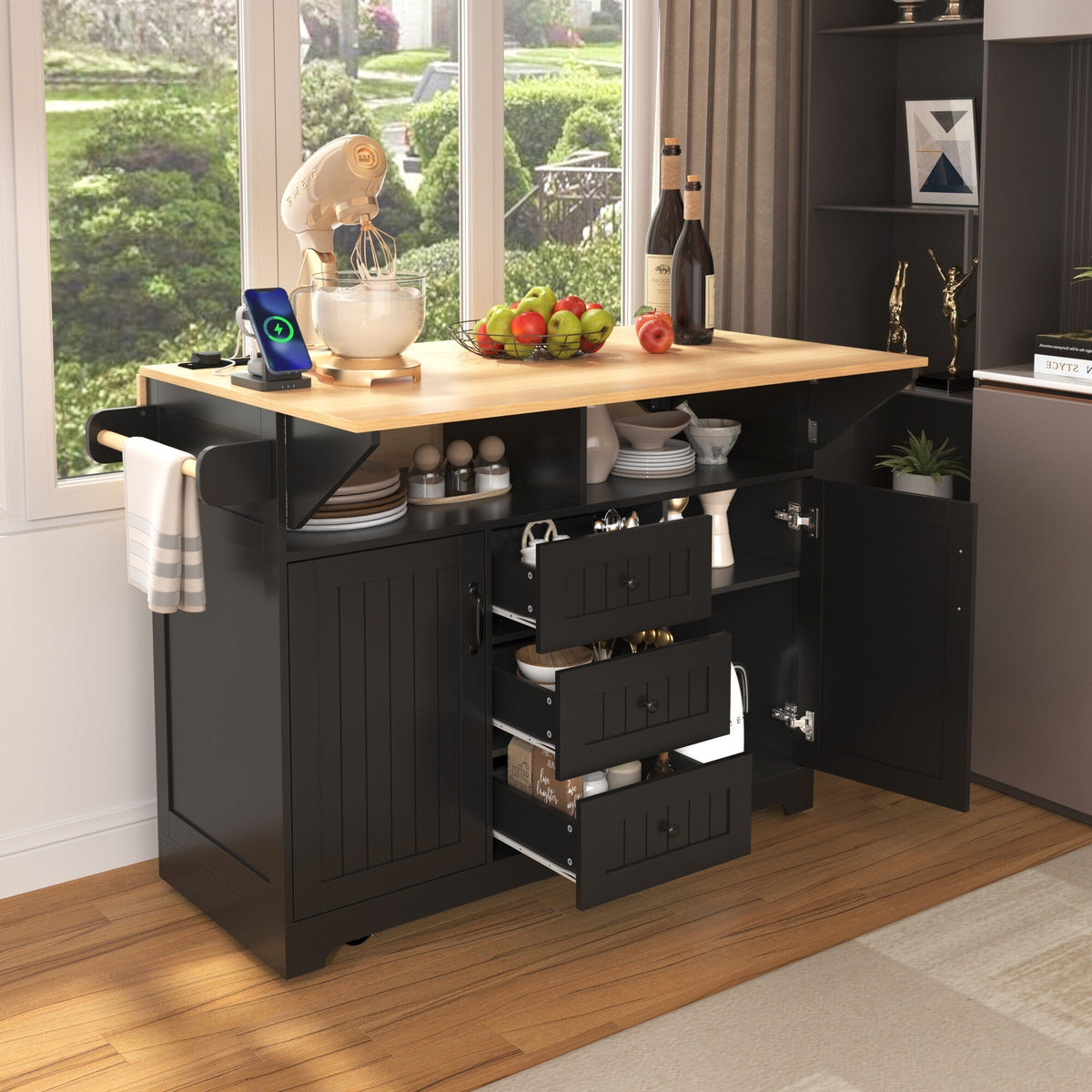 Runesay Black Mdf Base with Mdf Wood Top Kitchen Island (34-in x 55.75-in x 36.5-in)